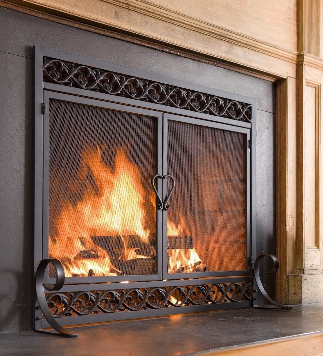 Plow & Hearth Scrollwork, 37" W X 30" H, Metal Fireplace Screen with Magnetic Hinged Doors, Spark Guard Cover, Stand Alone Wrought Iron Panel Fire Place Cover