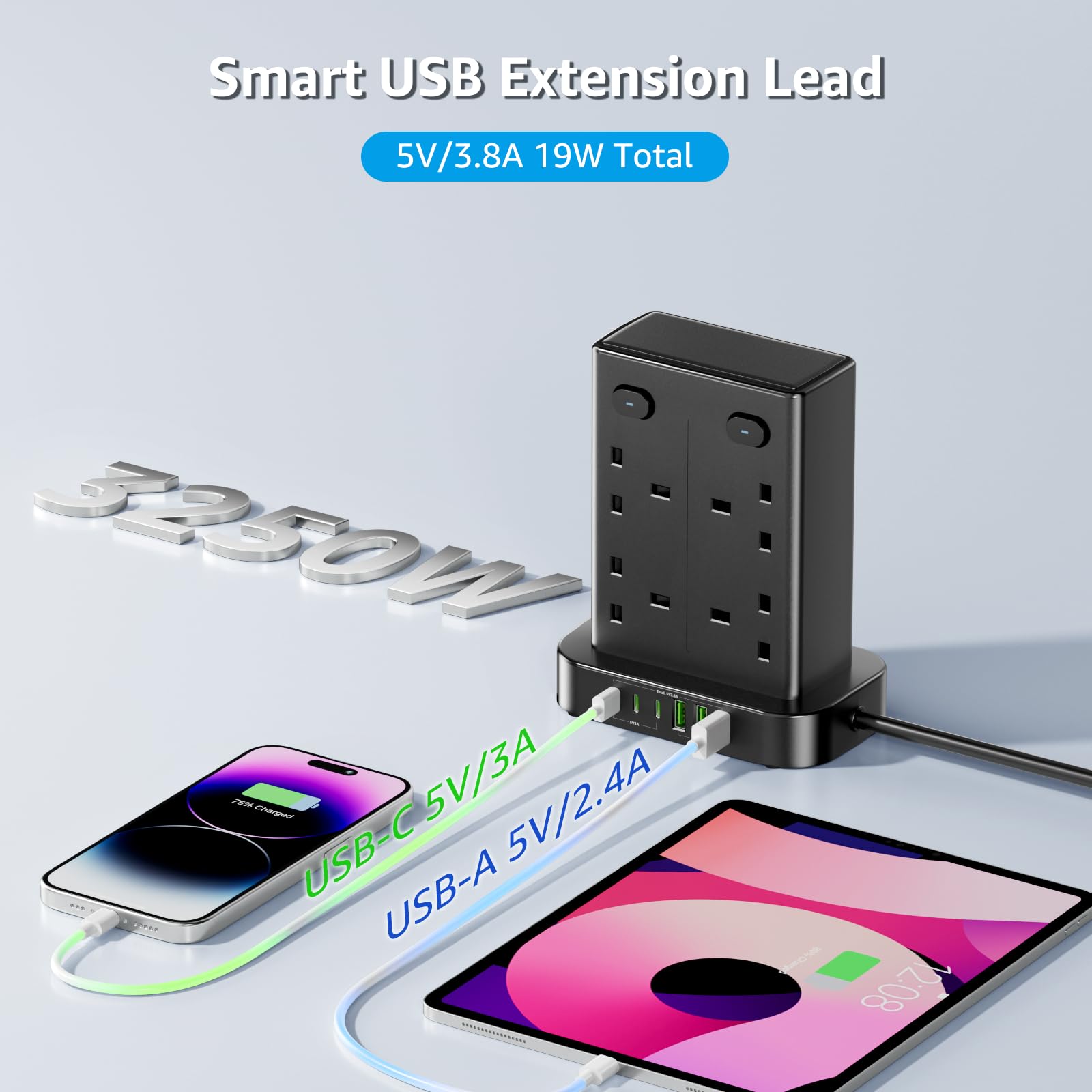 Tower Extension Lead, 8 Way Multi Plug Tower with 6 USB Ports, 1.8M Extension Cable with 4 Independent Switches, Overload Protection Plug Extension Socket 13A 3250W Power Strip Tower for Home Office — view 3