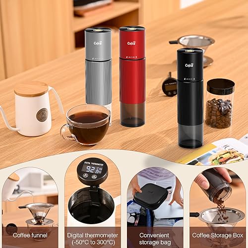 Miniatura 5 de Molino de café 4 en 1, eléctrico, termómetro digital (-50C a 300C) con filtro y recipiente, molino de granos de café para campamento, RV, Molino de