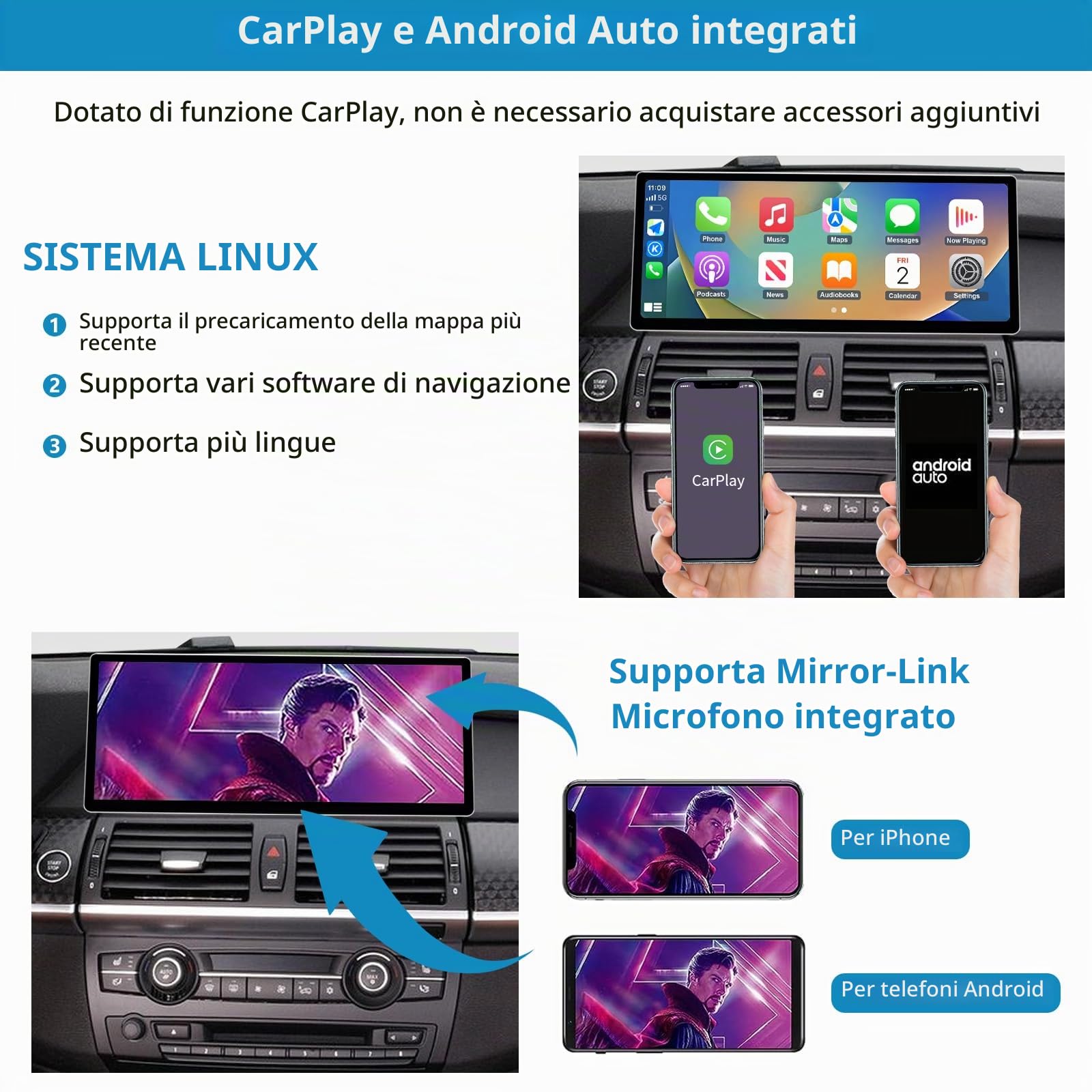 Autoradio touchscreen da 12,3 pollici per BMW X5/X6 E70 E71 2007-2010 con sistema CCC, supporta Apple Carplay/Android Auto/Mirrorlink/navigazione GPS, aggiornamento del display dell'autoradio