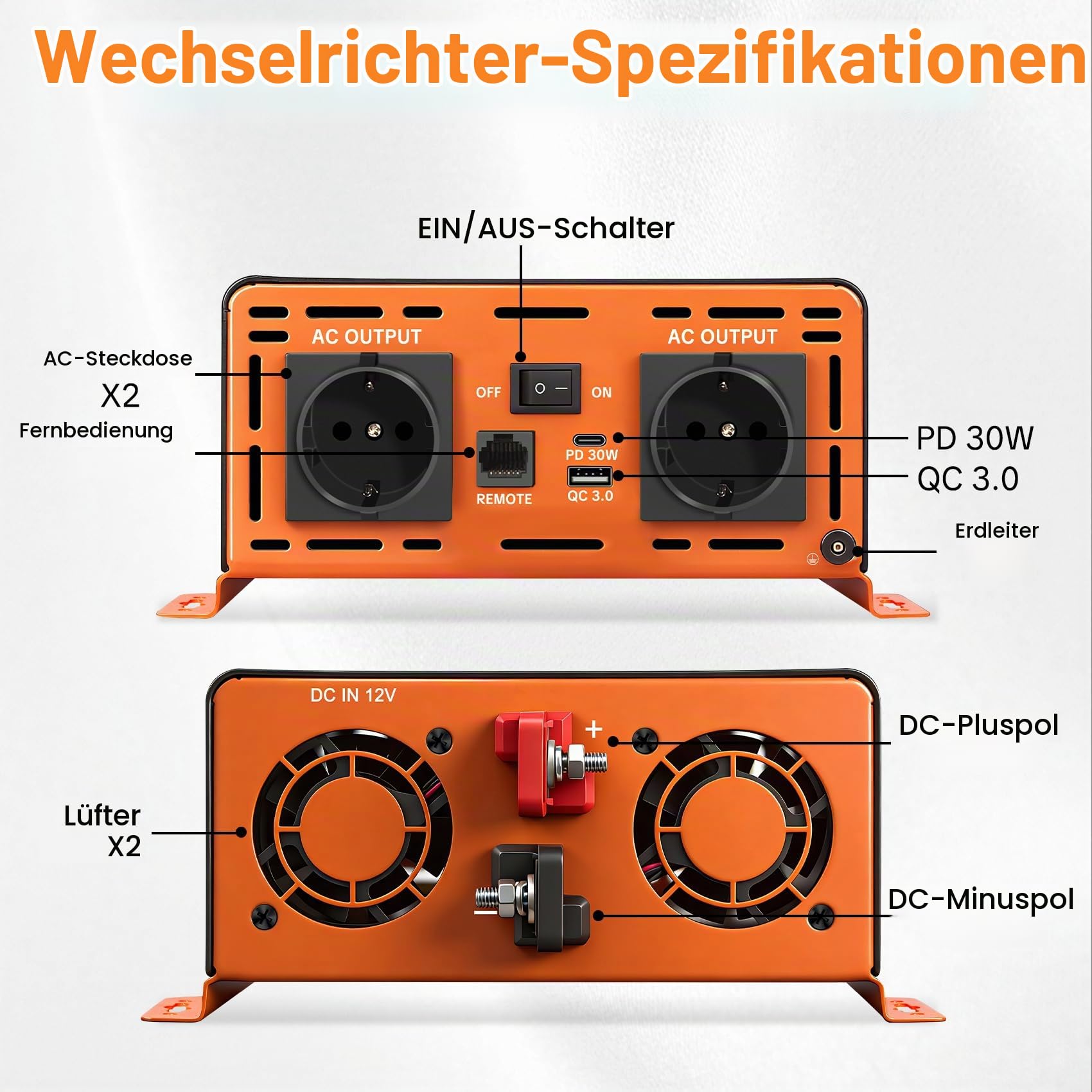 Wechselrichter 2000W Reiner Sinus 12V auf 230V KFZ Spannungswandler