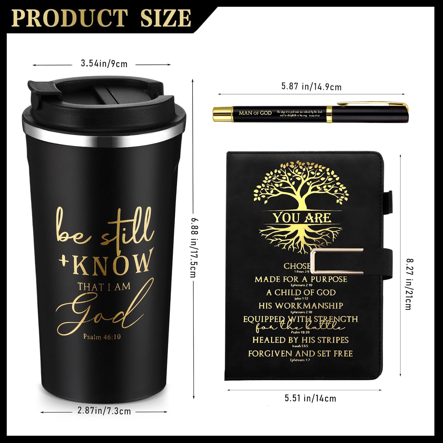 Pickmesh 3Pcs Fathers Day Christian Gift for Men Man of God Prayer Leather Journal with Pen Coffee Cup Bible Study Kit for Graduation Birthday Coworker Pastor Church(Be Still & Know,Black)