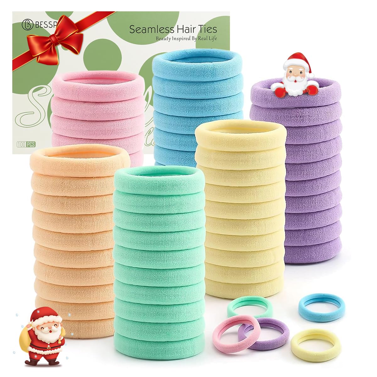 100 Pcs Thick Seamless Spring Hair Ties, Ponytail Holders Hair Accessories No Damage for Thick Hair Christmas Gift(Spring Colors)