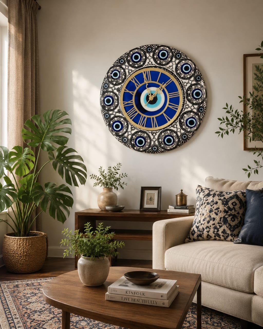 Grownick Evil Eye Resin Wall Clock, Round, 40 cm x40 cm (16 inch) Analog, Blue and Gold, Handcrafted, Modern, Battery Powered-image-23