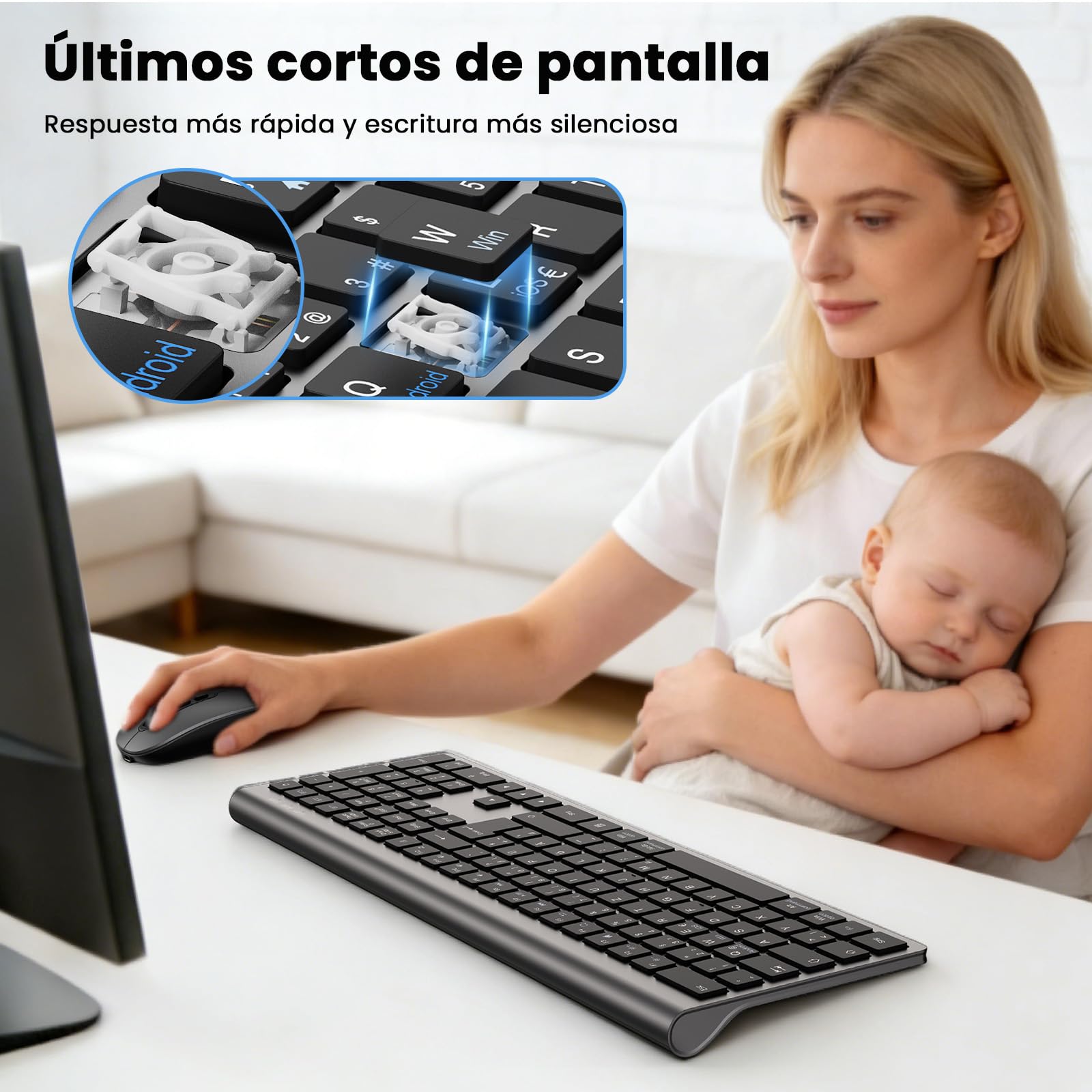 Teclado y Ratón Inalámbrico Bluetooth- cimetech Teclado y ratón Recargable, QWERTY Español Layout, Teclado de diseño ergonómico, Ultrafino para Ordenador/PC/portátil/Windows 10(Gris)