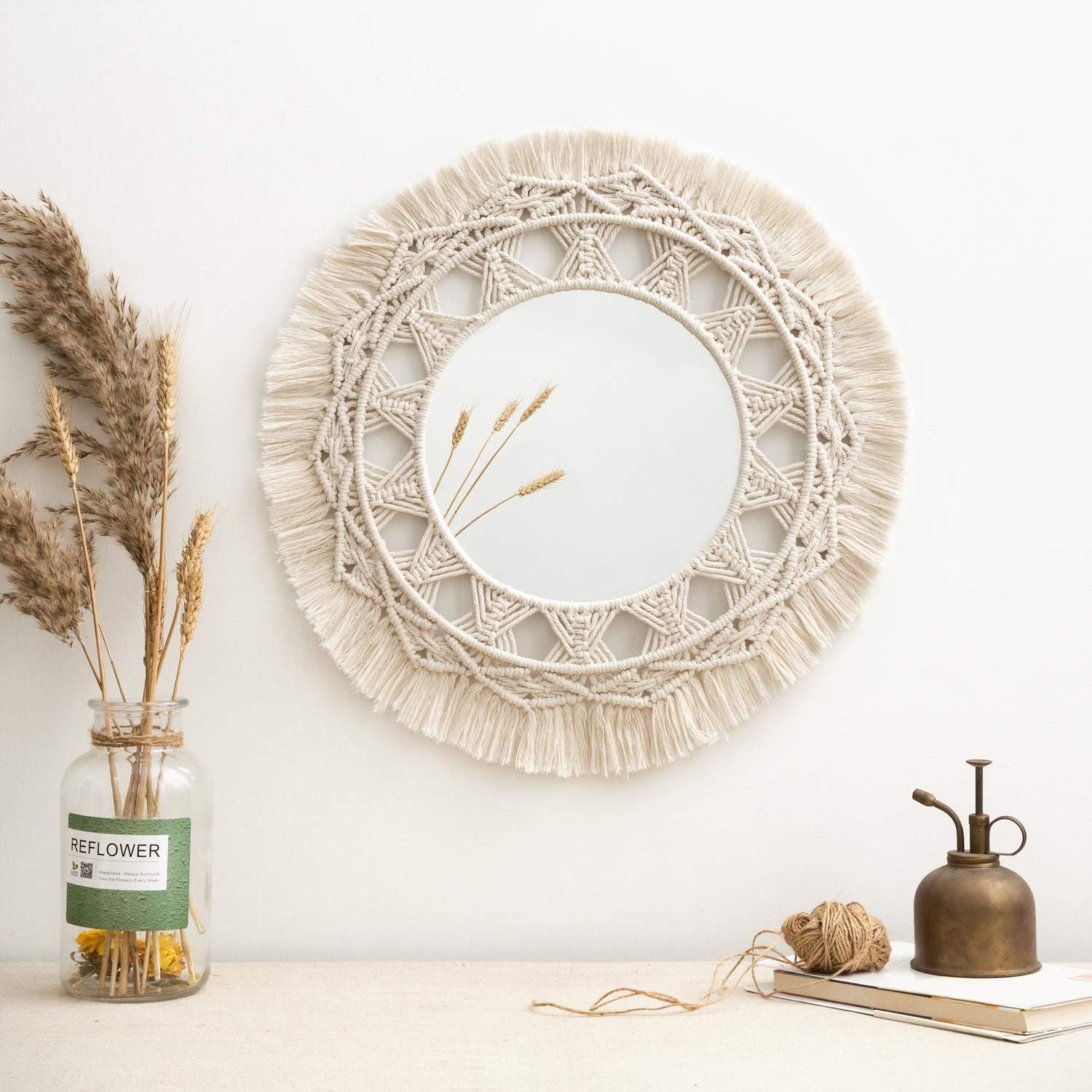 Dahey Macrame Hanging Wall Mirror with Boho Fringe Round Decorative Mirror for Apartment Living Room Bedroom Home Decor, 13" W × 13" L