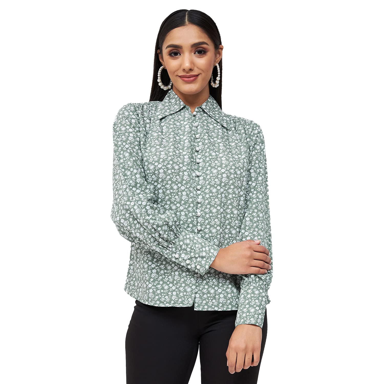 kibo Casual Women's Floral Polyester Collar Neck Top Light Green-picture-25