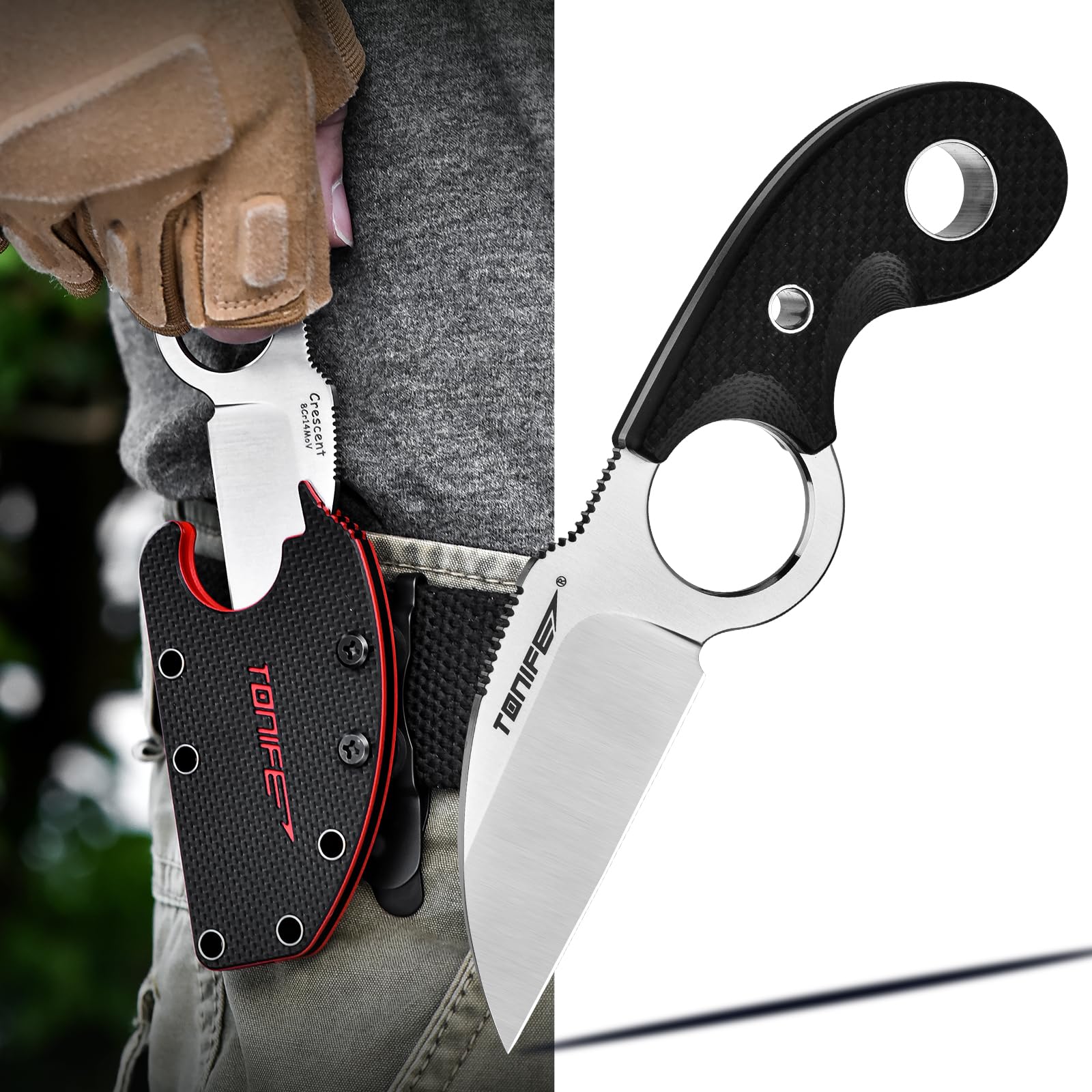 TONIFE Crescent Cuchillo de Cuello Cuchillo al Aire Libre de Hoja Fija 8Cr14MoV Acero con Funda de Cordón y el Clip de Full Tang Cuchillo de Supervivencia (Negro+Satén)