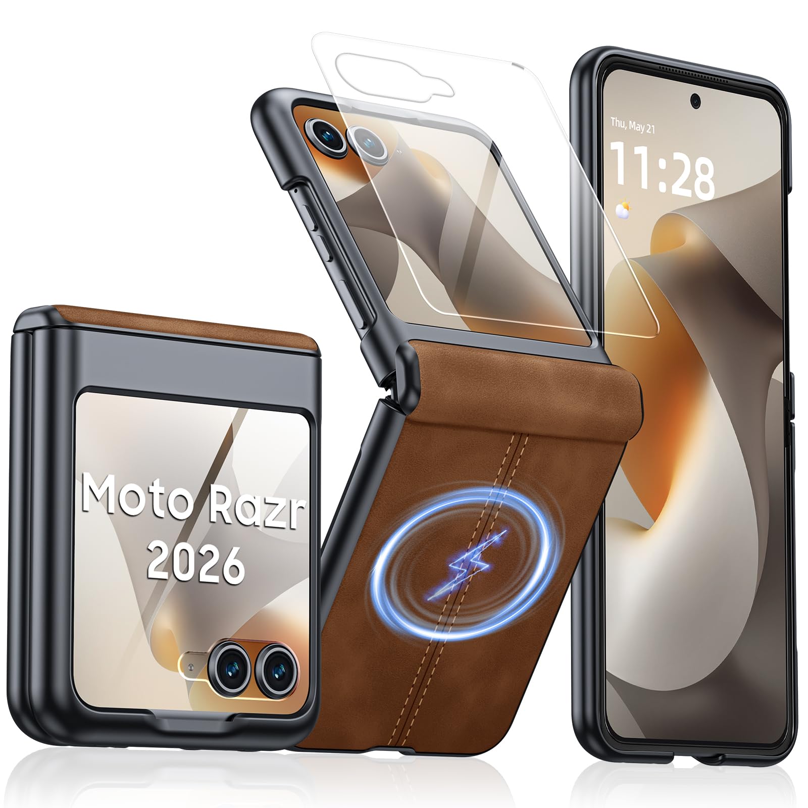 Magnetic for Motorola Razr 2026 Case with Hinge Protection &amp; Built-in Outer Screen Protector, Fit for Magsafe, Ultra-Thin PU Leather Matte PC Shockproof Cover for Moto Razr 2026-Brown