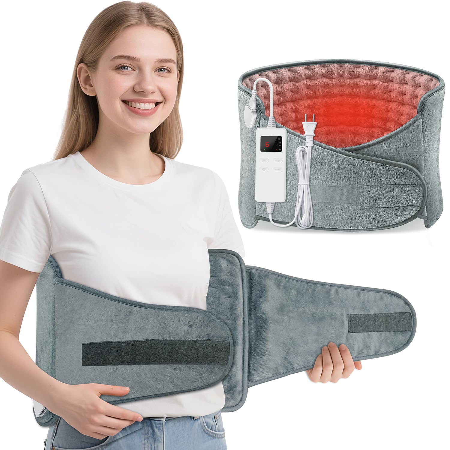 MELCAM Heating Pad for Back Pain Relief, 12"x24"+20" Large Electric Heating Pad for Period Cramps with Belt, 6 Heats Levels & 4 Timers, Auto Shut Off, Machine Washable, Gifts for Women Men Mom Dad