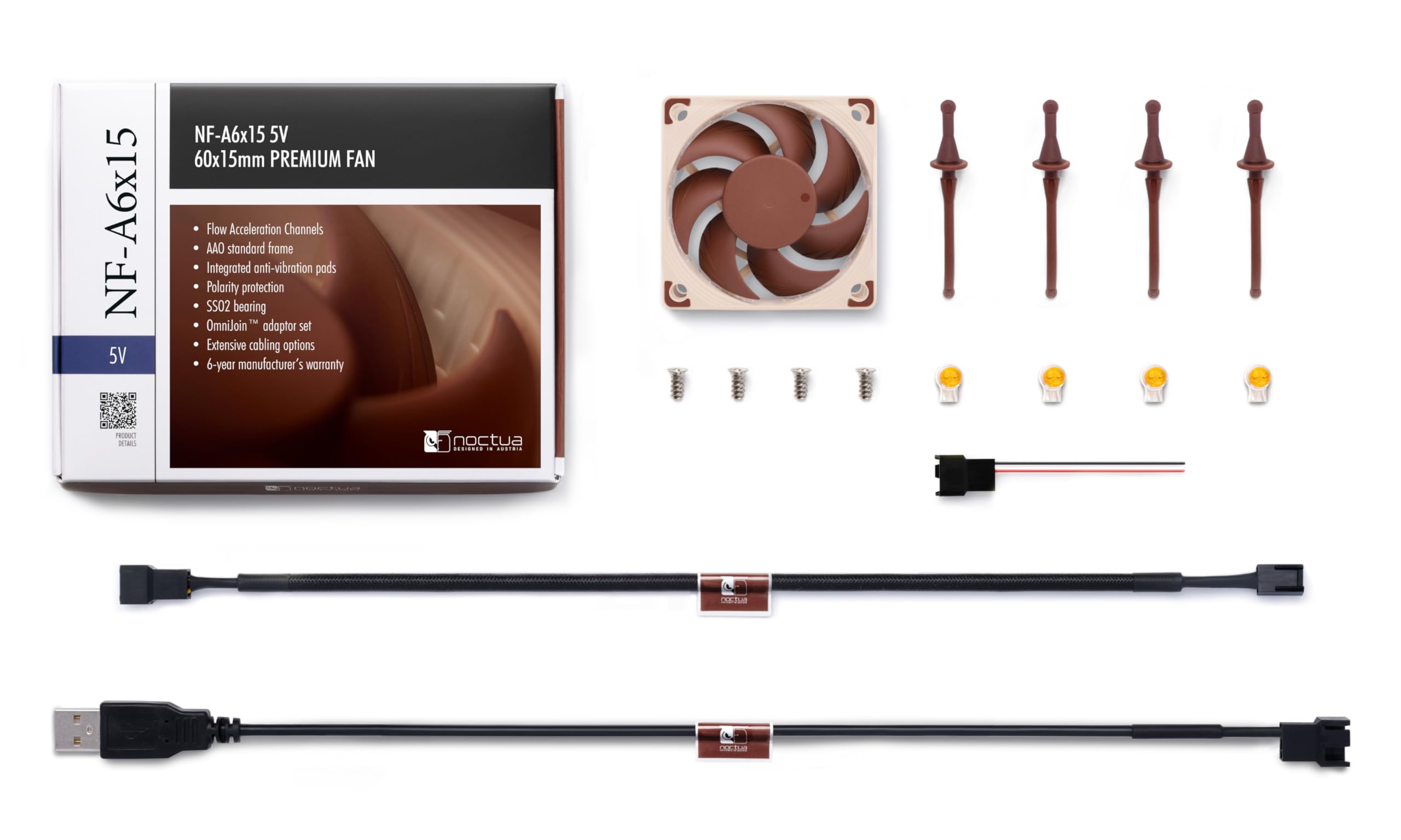 Noctua NF-A6x15 5V, Ventilador Silencioso y Delgado con Cable Adaptador USB, 3 Pines, Versión de 5V (60x15 mm, Marrón)