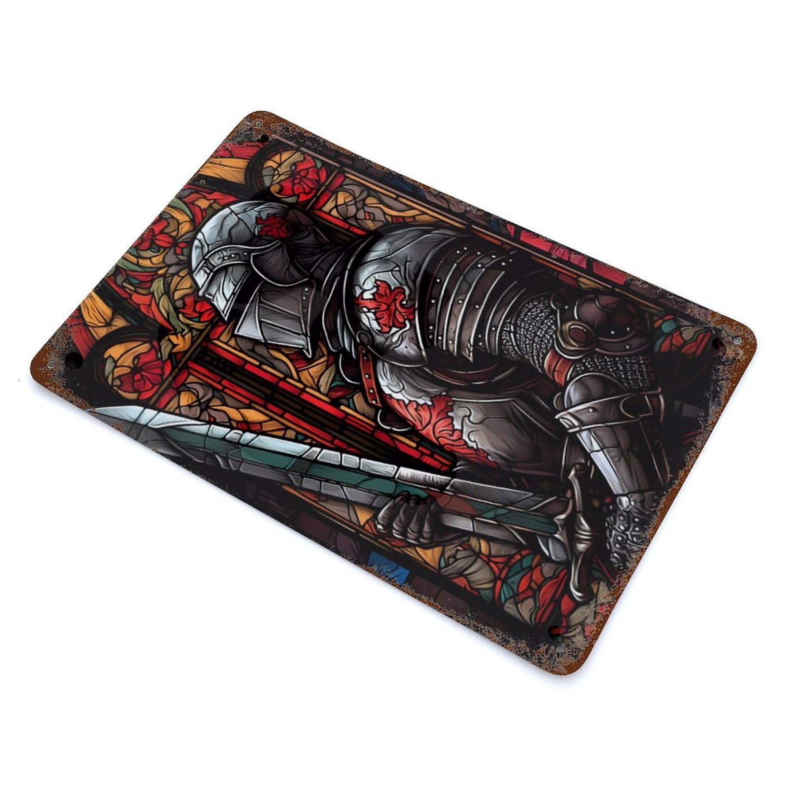 Weathered Tin Sign Soldier with Sword 3 11.8"x7.9", Rustic Home Decor for Basement, Hobby Room And Garage Decor