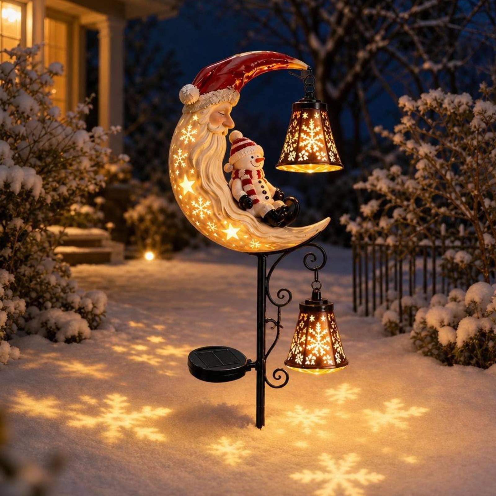 Solar Moon Snowman Lamp Post Light, Metal Yard Lawn Patio Holiday Decor ﻿