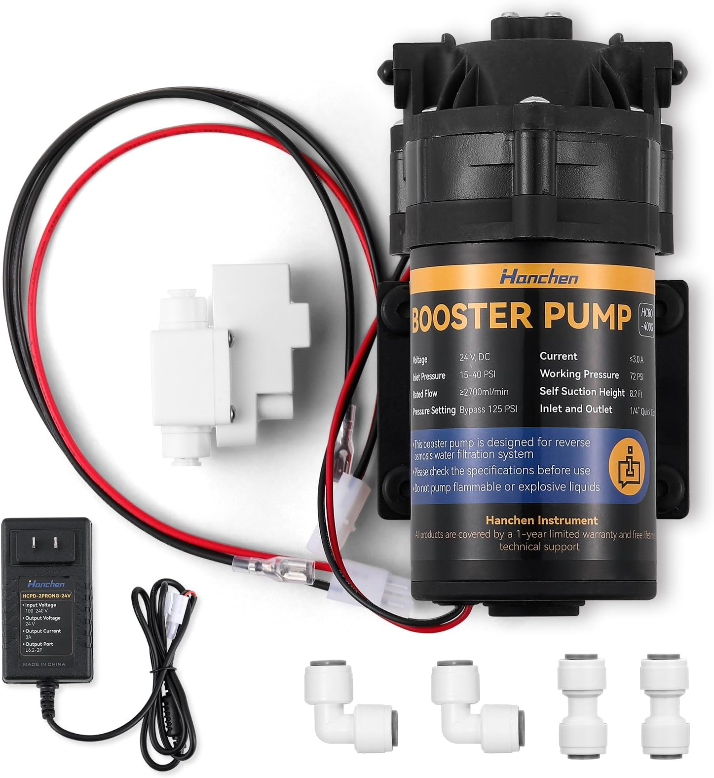 Hanchen Booster Pump Complete Kit for Home RO Reverse Osmosis Water Purification System, Quick-Connection Design, High Pressure Switch