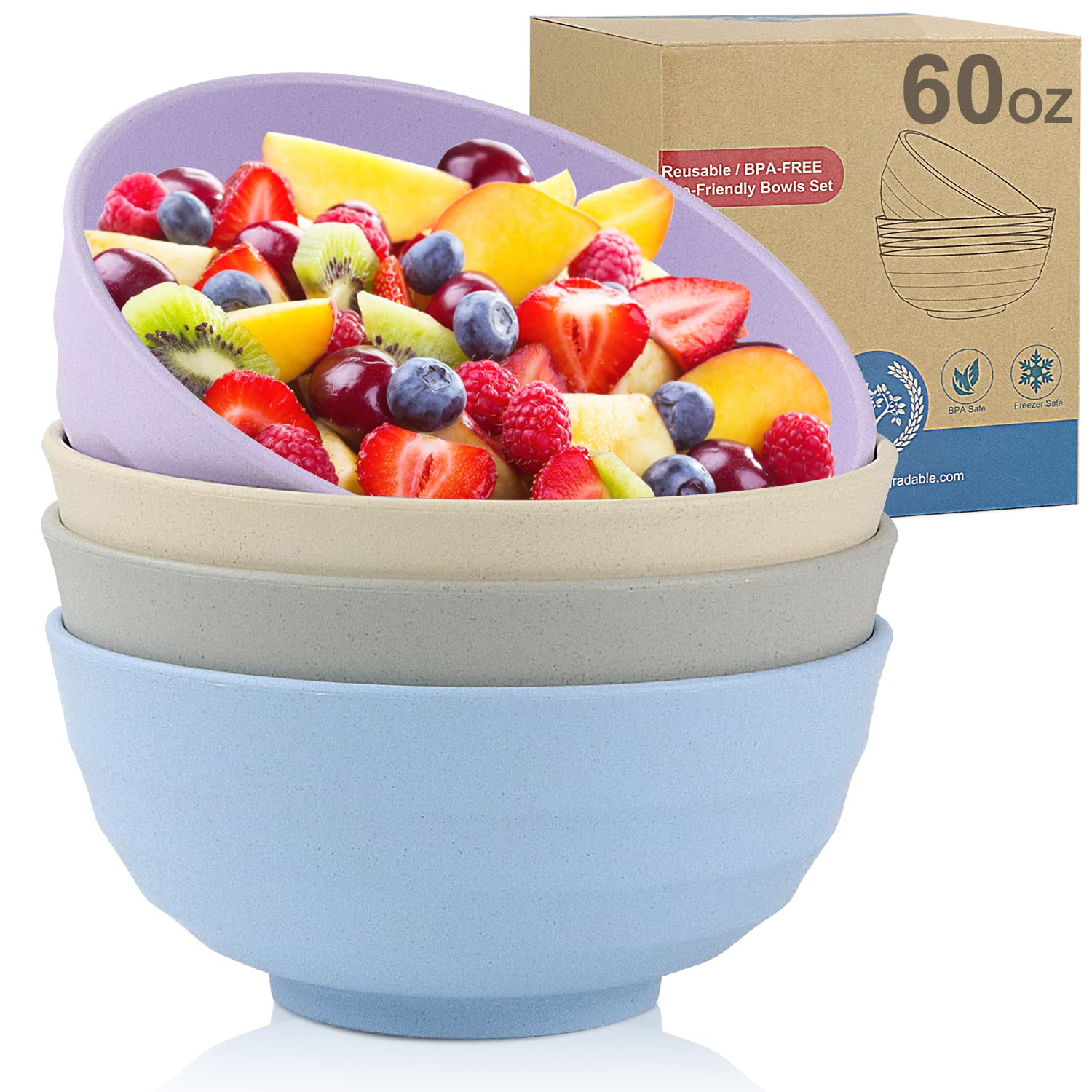 Wrova Wheat Straw Bowl Sets,4 PCS Unbreakable Cereal Bowl 60 OZ，Microwave and Dishwasher Safe Bowls,Super Big Bowl Sets BPA Free Large Salad Bowls for Serving Soup,Oatmeal and Fruit Etc…