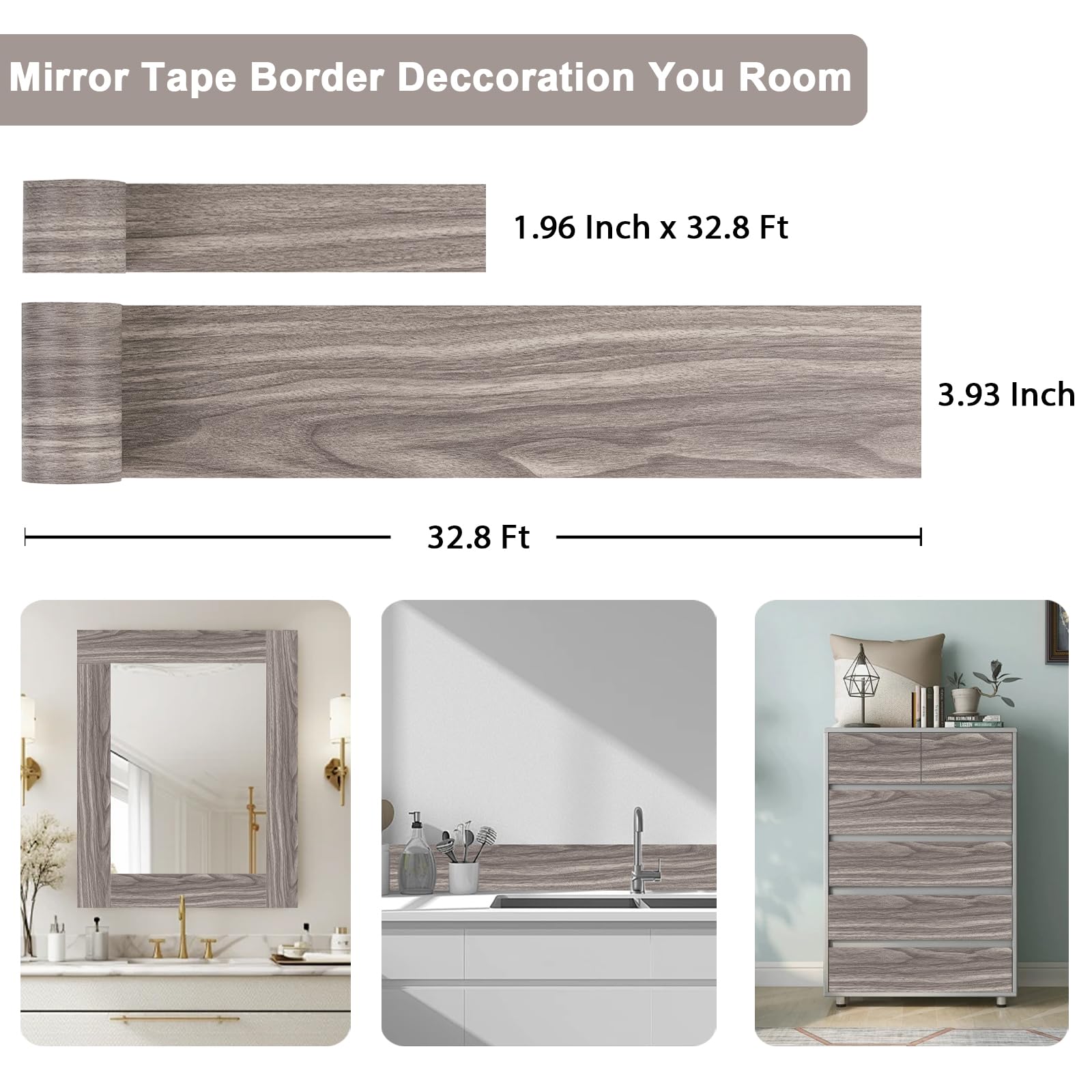 Grey Wood Grain Mirror Border - Peel & Stick -3 Grey Wood Grain Mirror Border - Peel & Stick -3