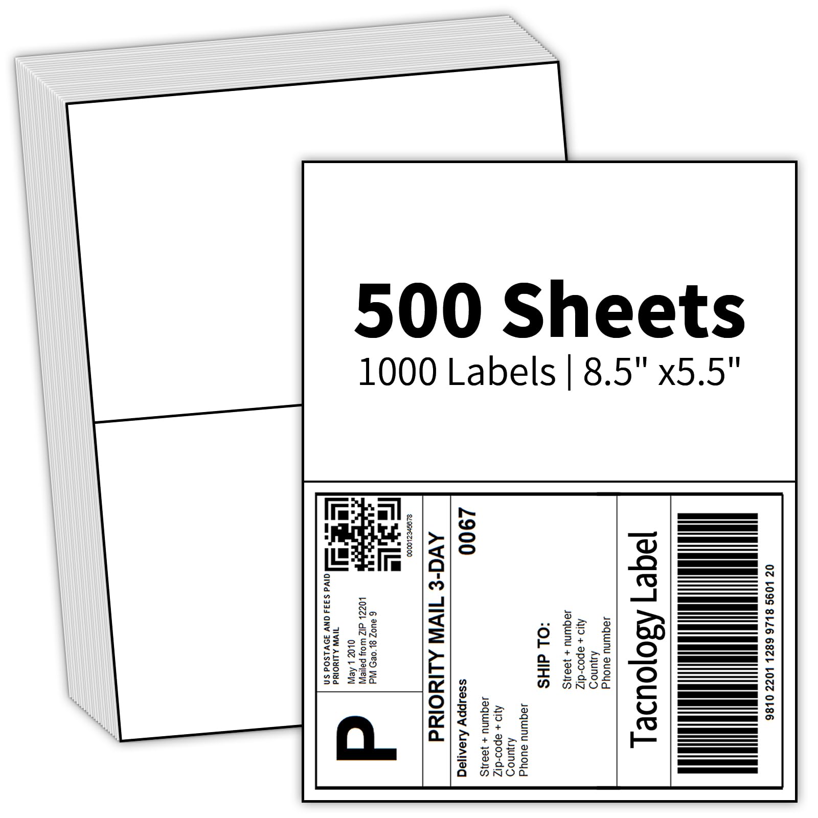 Tacnology 500 Sheets 1000 Labes 8.5"x5.5" Half Sheet Self Adhesive Shipping Labels for Laser & Inkjet Printers, 2 per Page Shipping Mailing Labels, 5