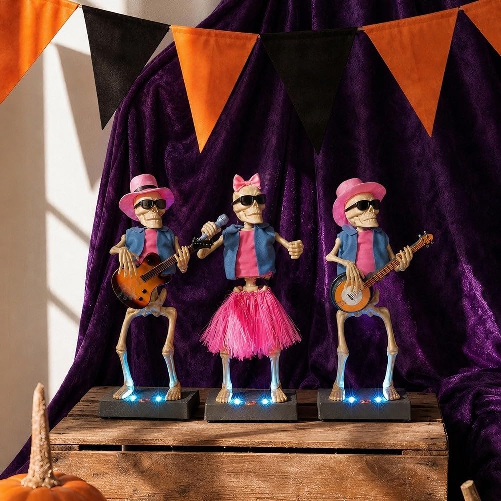 Elektrisch leuchtendes Skelettband, musikalisches Ornament, mit bunten Lichtern, für Halloween-Party, Zuhause, Dekoration, 15 x 8 x 37 cm (B)