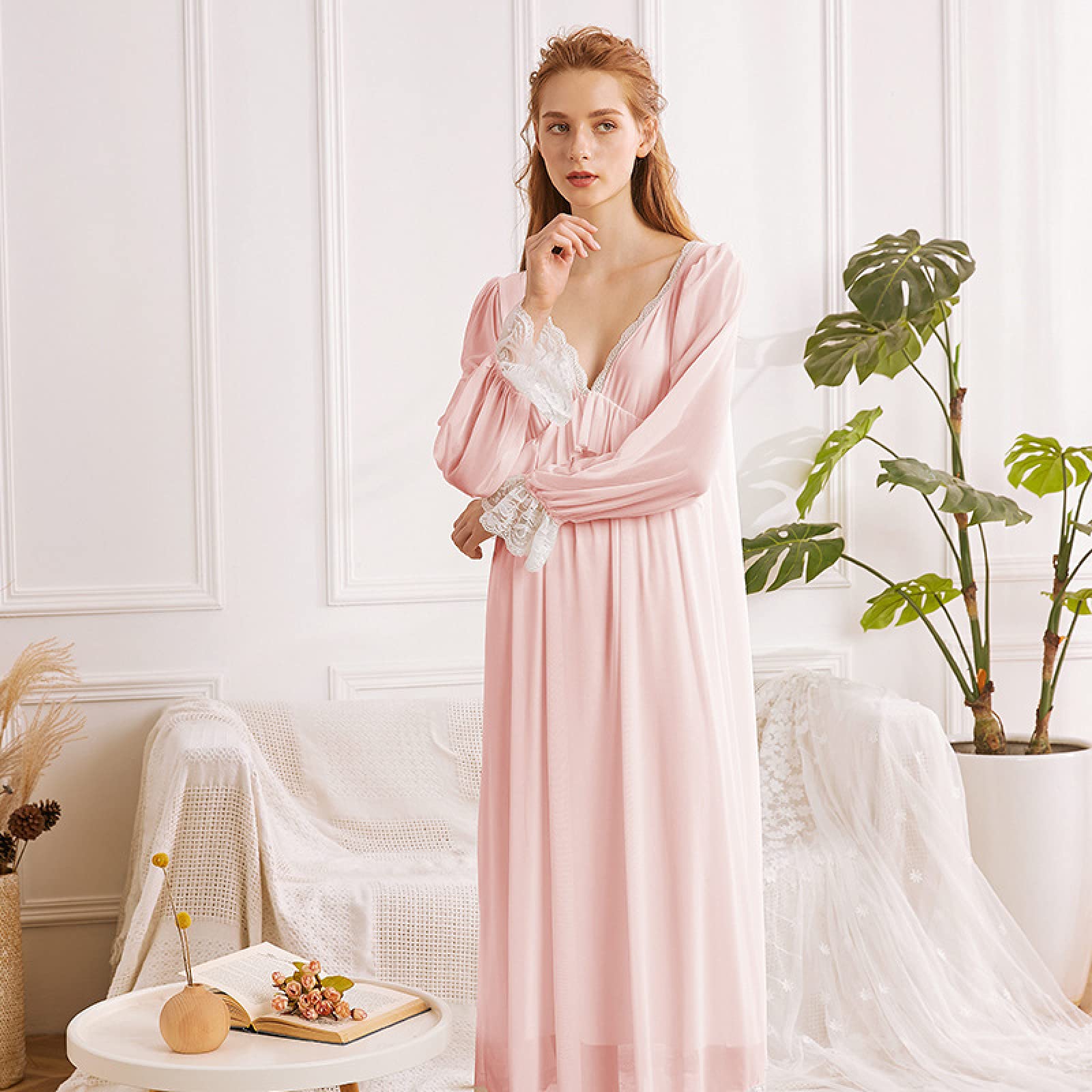 OFFSUM Camicia da Notte Donna - Abito Camicia da Notte Sexy in Pizzo con Scollo A V Primavera Estate Cotone Tinta Unita Indumenti da Notte Classici di Alta qualità Casual Loungewear