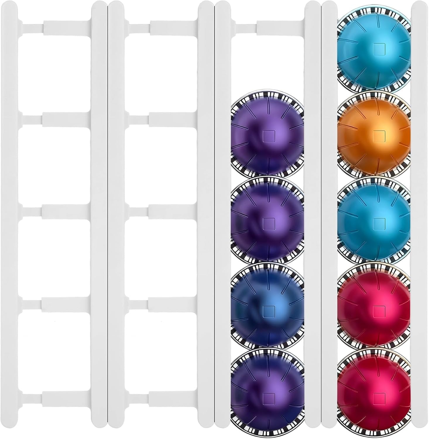 4 Pcs Coffee Pod Holder for Nespresso VertuoLine, Space Saving Coffee Pod Organizer, Wall Mount Adhesive Coffee Pod Storage Rack, Securely Holds 20 Capsules, Easy Installation for Kitchen Cabinets