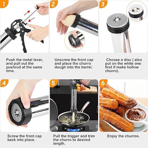 Miniatura 4 de Máquina para hacer churro, kit de pistola de churros de acero inoxidable, churro hueco, duradera, bolsa de tubería, relleno de churro, 6 boquillas