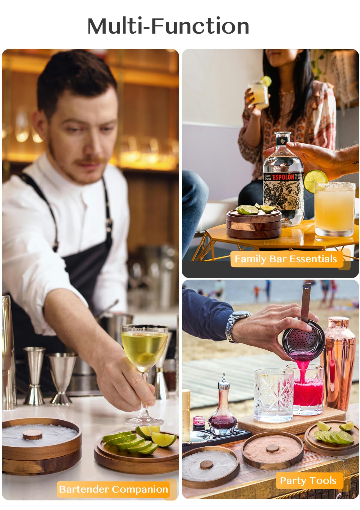 Nucookery Barra de madera de 3 niveles, juego de bordes de sal de margarita de 5.6 pulgadas, bandeja de azúcar y sal para cócteles de jugo, herramienta de fiesta de bar, caja de accesorios de barra de