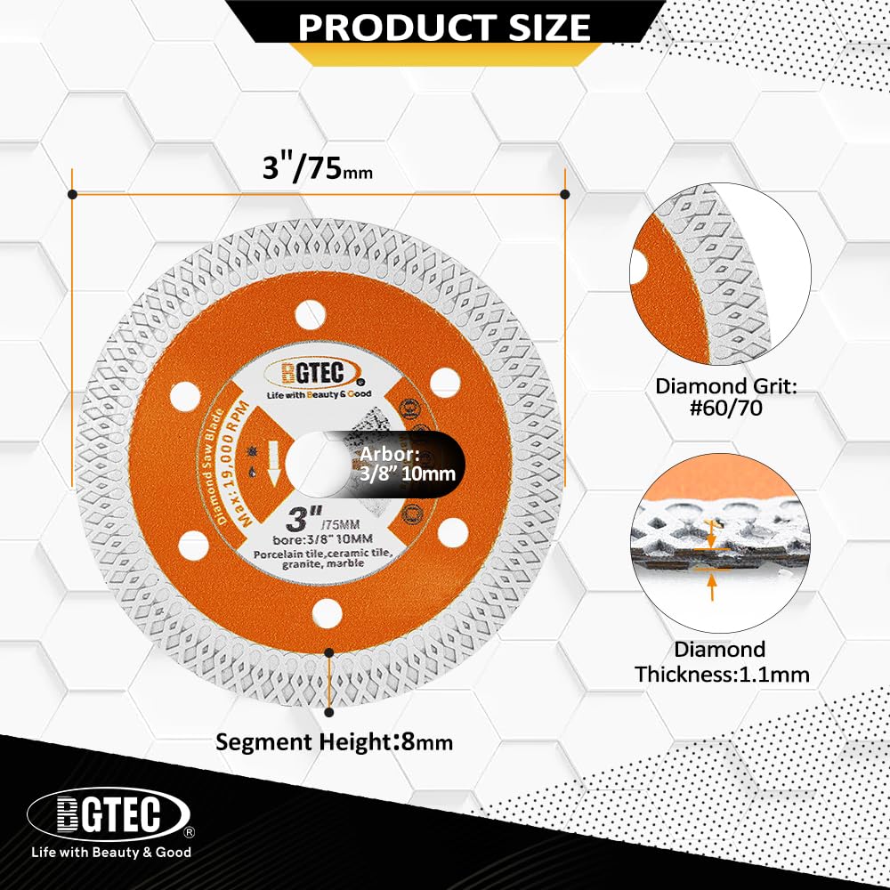 Tile Diamond Saw Blade, BGTEC 5pcs 75mm/3" x Arbor 3/8In/10mm for Ceramic,Hard Porcelain,Glazed Tiles Dry Cutting disc