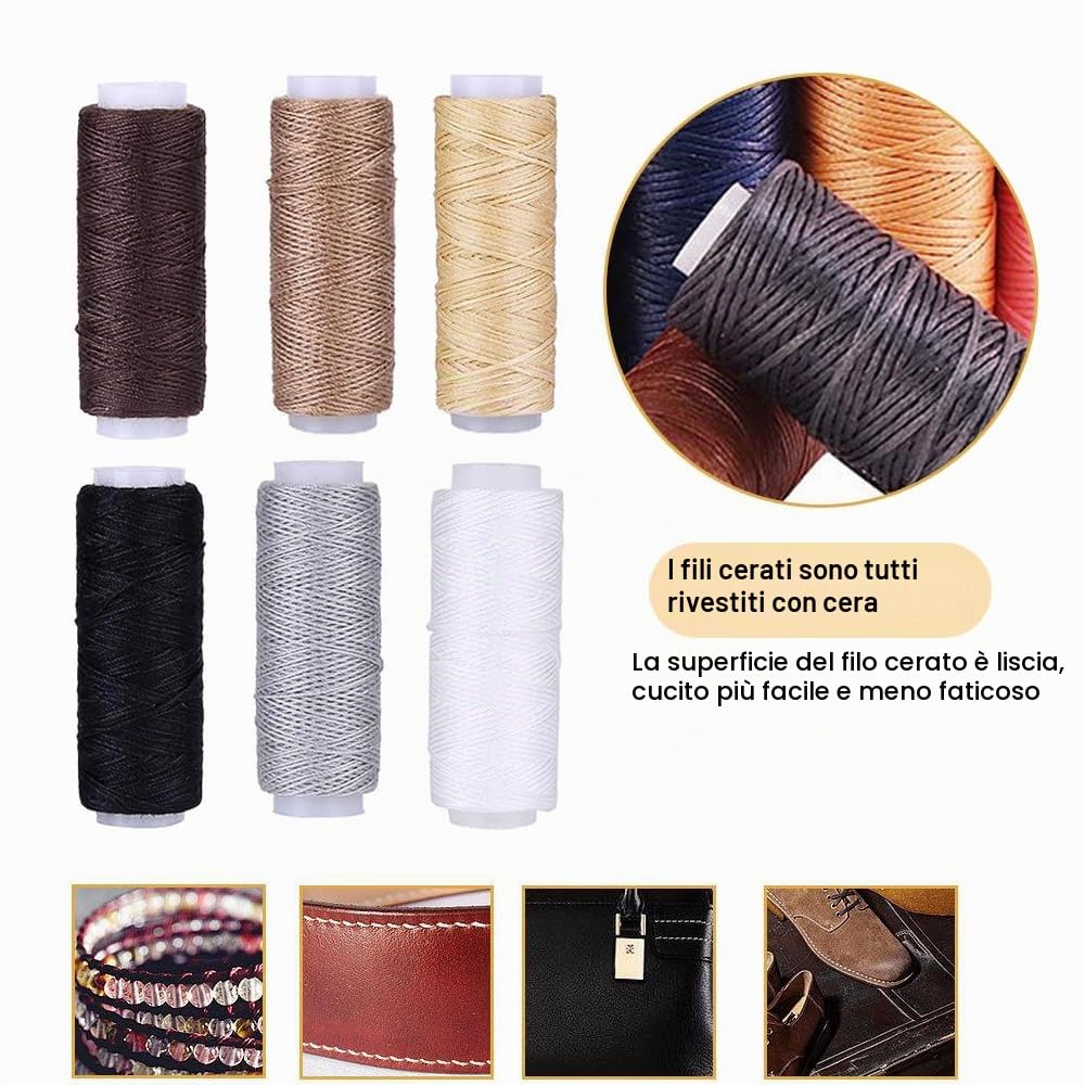 NICAVKIT Set da cucito in pelle: utensili artigianali con alesino, aghi a mano, rotoli di filo di cera, aghi, anello in ottone, bobina e pinza