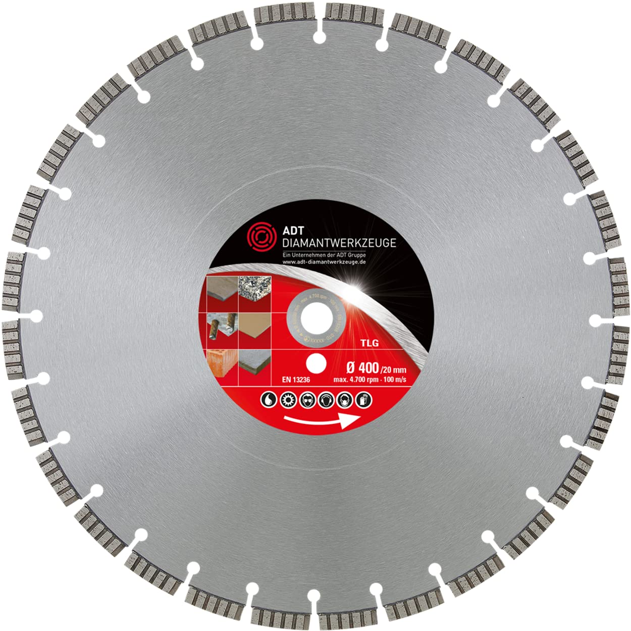 Disco de corte de diamante TLG Premium Ø 400/20,0 mm, orificio para hormigón amierto, piedra natural y artificial, cerámica, material de construcción con segmento turbo de 10 mm