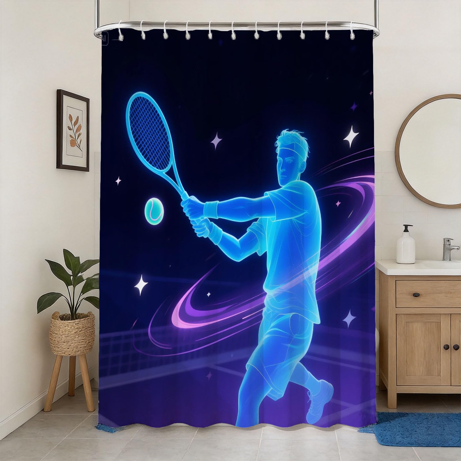Hongduo 3D Tennis Shower Curtain for Stalls Bathtubs Sport Bathroom Decor Shower Curtain Set Polyester Fabric Waterproof 180x180cm/71X71 Inch with Hooks
