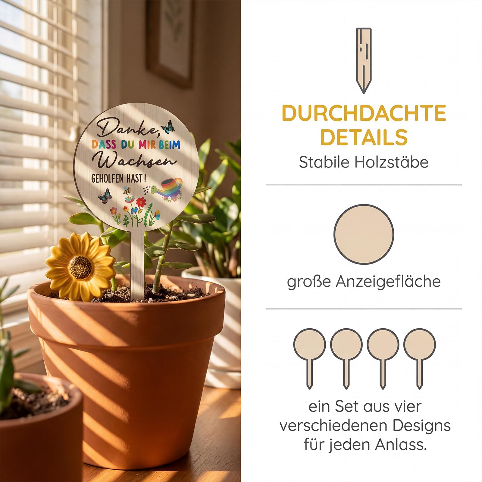 Abschiedsgeschenk Erzieherin Geschenk,4 Stücke Holz Blumenstecker Erzieher Abschiedsgeschenk,Holzstecker Blumentopf Holzschild Danke Dass Du Mir Beim Wachsen Geholfen Hast Danke Geschenke (Gelb)