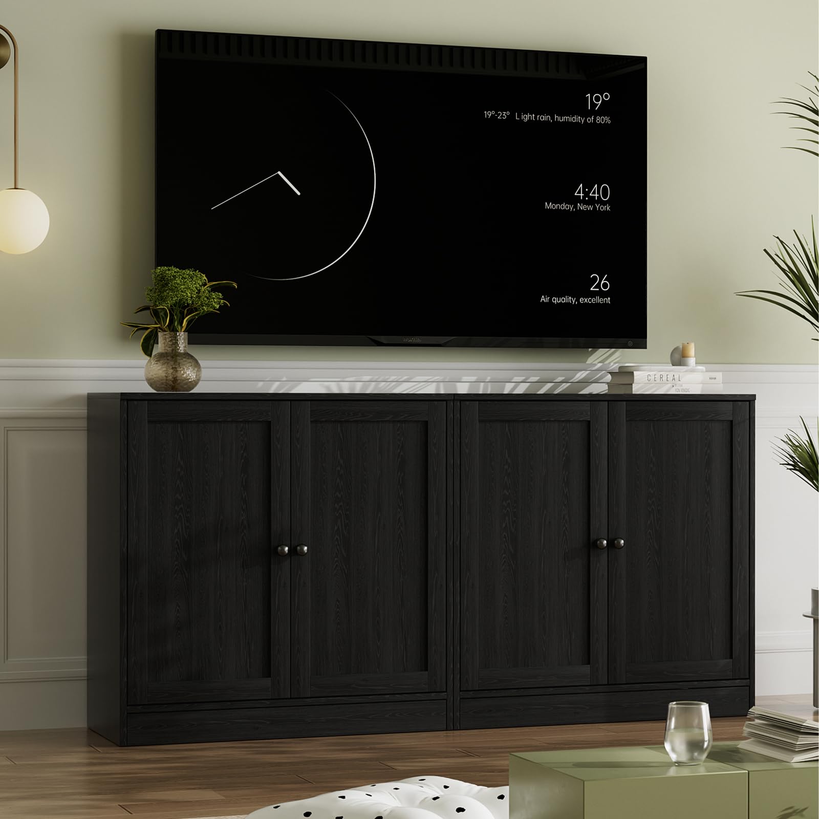 VOWNER Grand Meuble TV Bibliothèque pour Télé jusqu'à 70", 280x180.3x40cm Meuble TV Suspendu avec Portes en Verre et Étagères, Meuble Télé Bois pour Salon, 2B+2E (Noir)