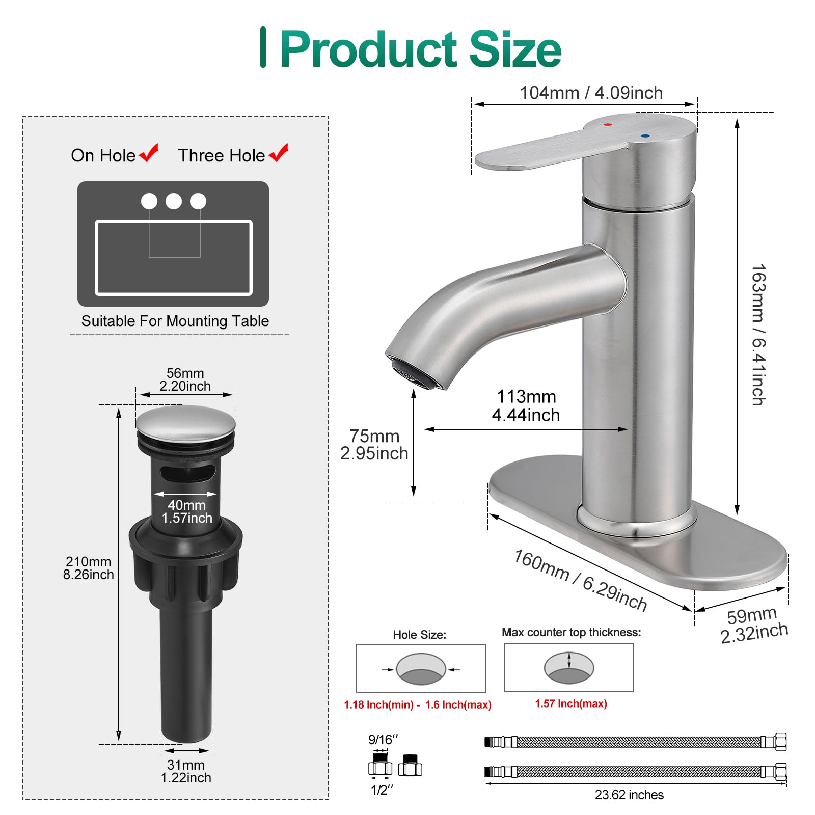 VOTON Brushed Nickel Bathroom Sink Faucet Single Handle Stainless Steel for 1 or 3 Hole Faucet for Bathroom — view 3