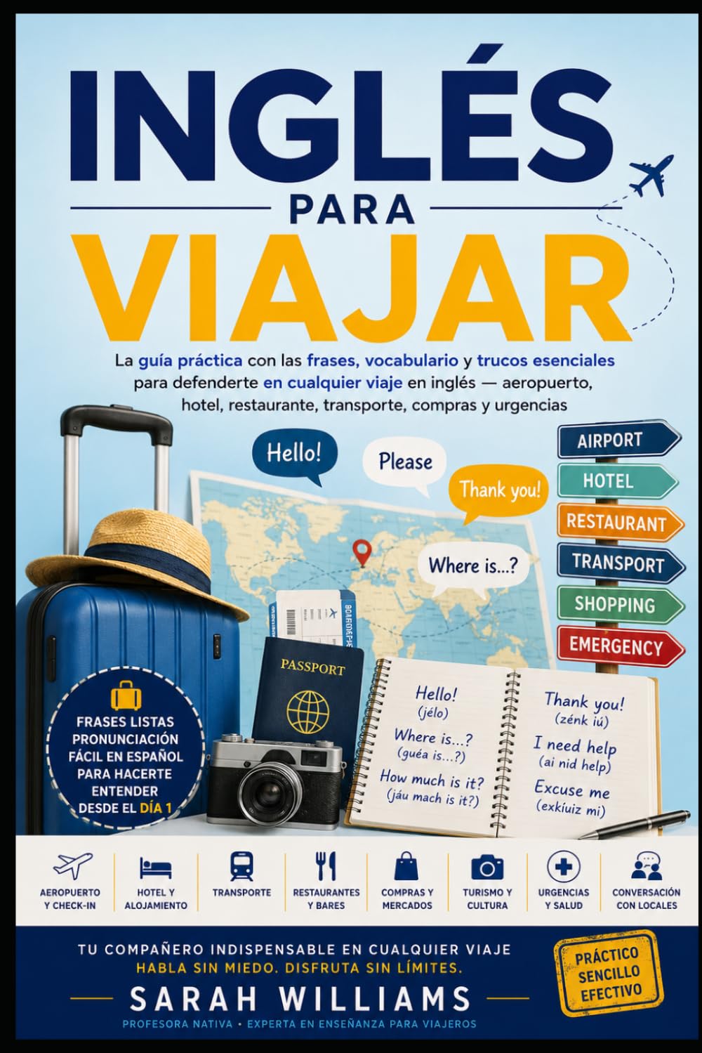 Inglés para Viajar: La guía práctica con las frases, vocabulario y trucos esenciales para defenderte en cualquier viaje en inglés — aeropuerto, hotel, restaurante, transporte, compras y urgencias