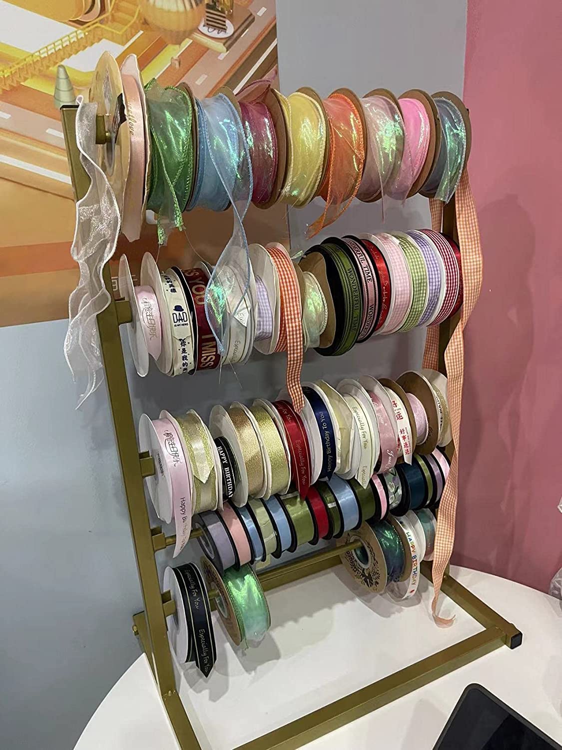 Organizador de almacenamiento de metal – 5 niveles comerciales de cintas para sala de manualidades, tienda de flores, sala de costura, soporte extraíble para barra
