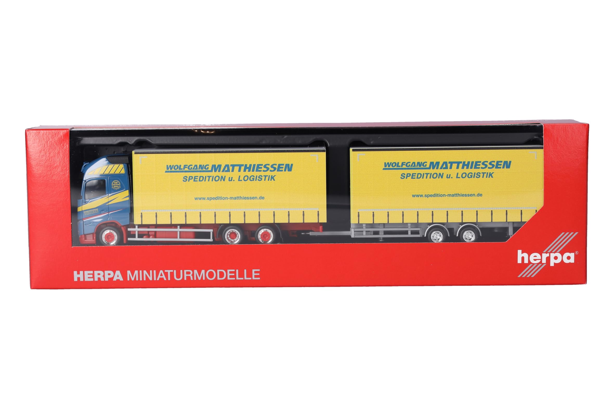 Herpa model ciężarówki Volvo FH GL XL 2020 zestaw jumbo z plandeką „Wolfgang Matthiessen”, miniatura w skali 1:87, model kolekcjonerski, wyprodukowano w Niemczech, tworzywo sztuczne