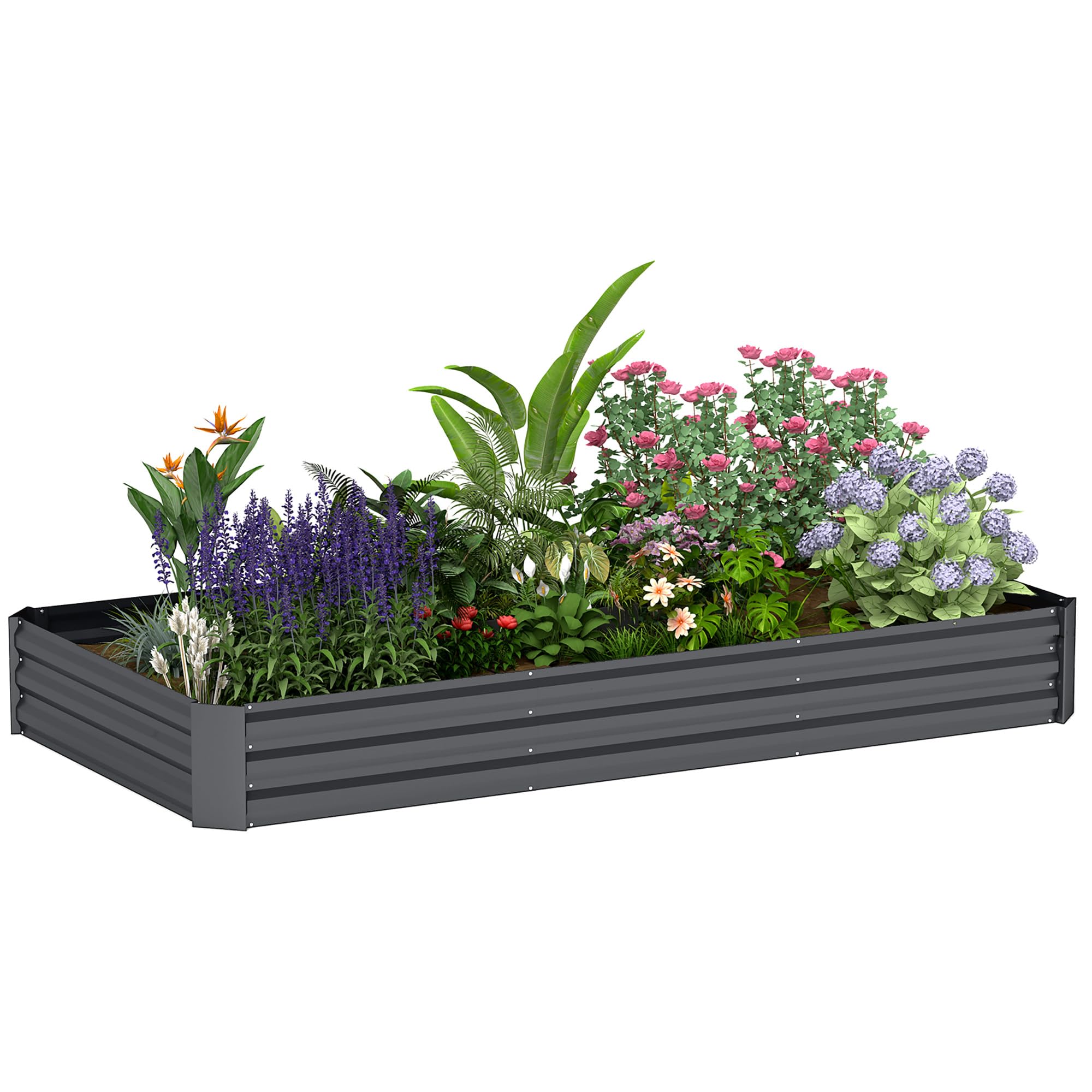 Outsunny Jardinera Rectangular de Exterior con Borde de Seguridad y Base Abierta para Flores y Hierbas, Acero Galvanizado, 240 x 120 x 30 cm, Gris Oscuro