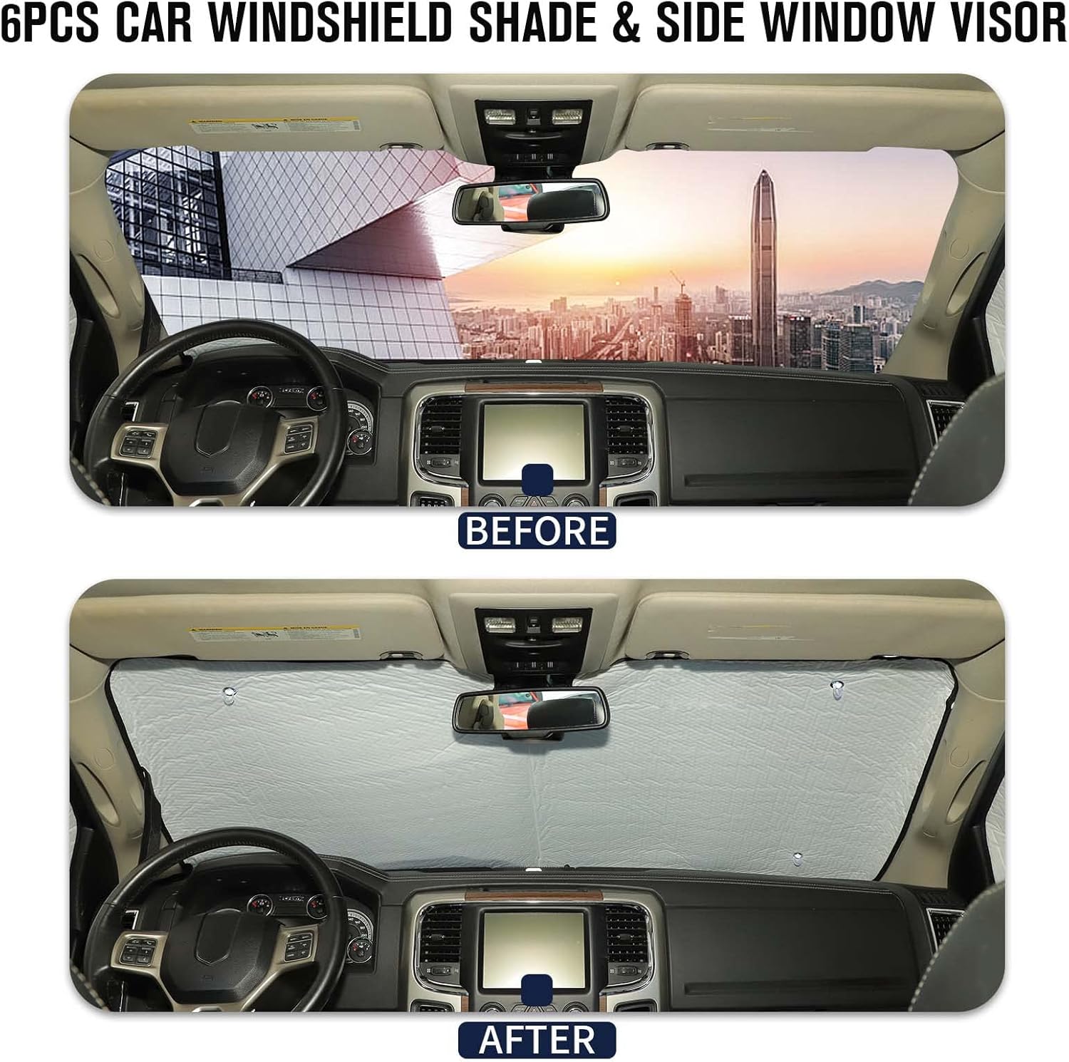 Jimen Compatible with Dodge Ram 4 Door 2010-2017, 6PCS Car Windshield Shade & Side Window Sun Visor