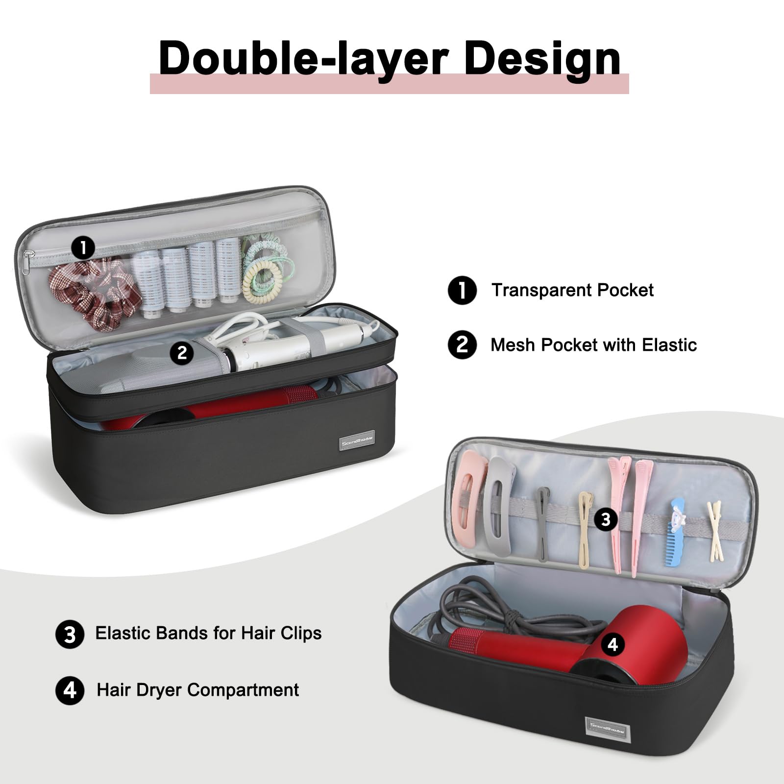 Estuche de transporte de viaje de doble capa portátil para mujer, compatible con secador de pelo Revlon de un solo paso y cepillo de aire caliente y accesorios Scandihome Series (solo bolsa),