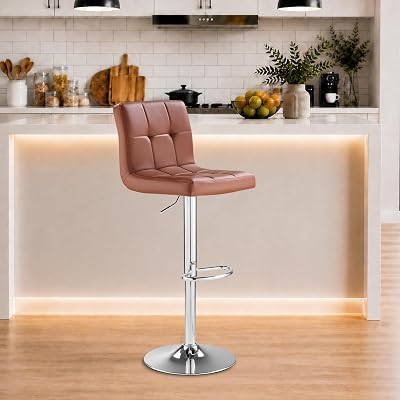 SAETSFEG Adjustable Swivel Bar Stools Set of 1 with Back and Footrest, Armless Upholstered PU Leather Counter Height Stools for Kitchen Islands, Small Apartments, and Home Bars, Brown