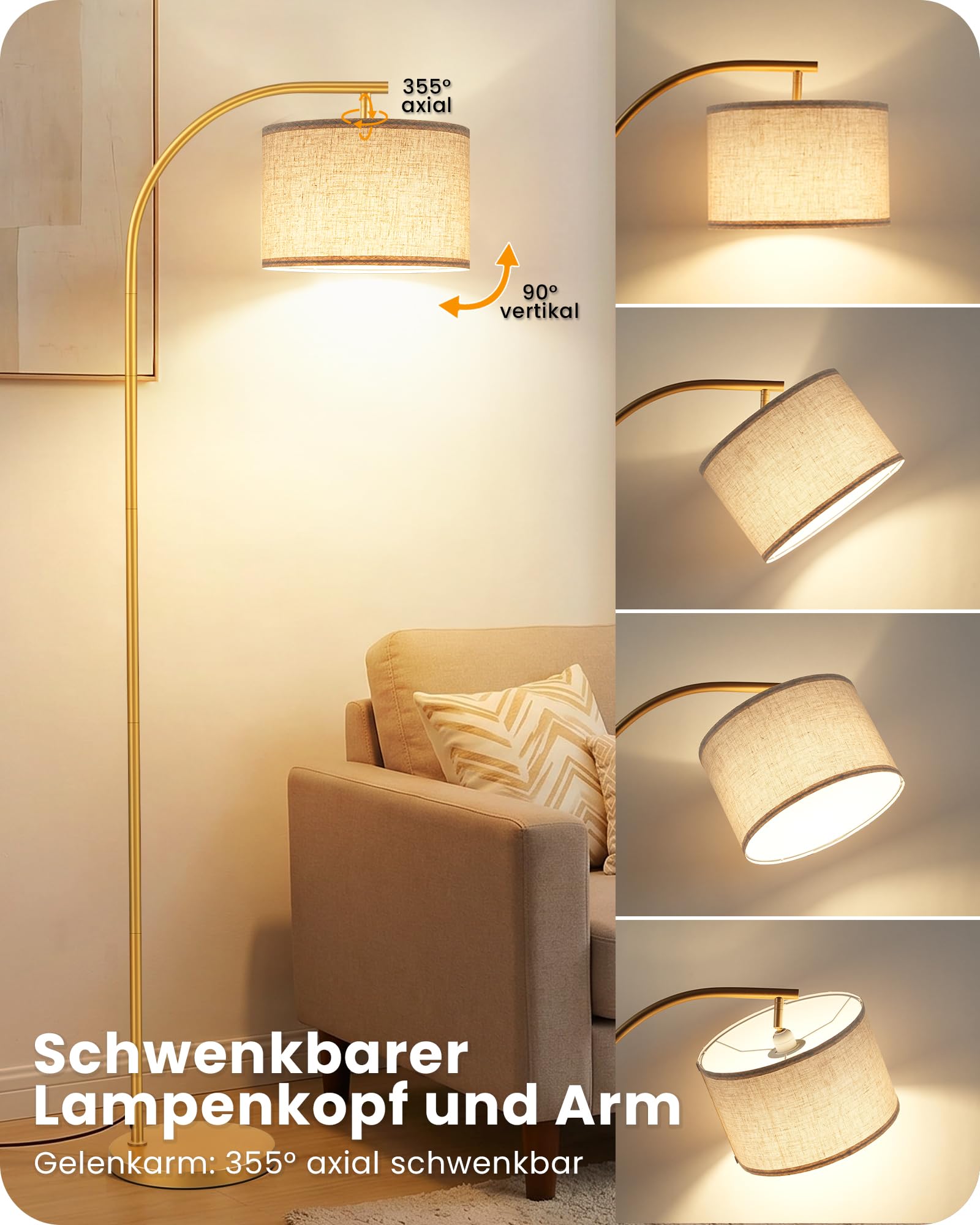 Dimmbare Stehlampe Leinen, Schwarz, Stehleuchte Fernbedienung | Wohnzimmerlampe mit Memory-Funktion und universell drehbarem Lampenkopf, E27, für Schlafzimmer, Wohnzimmer ZDE32LDD05