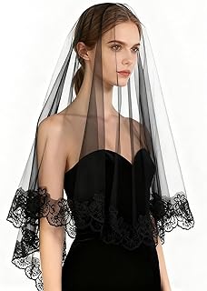 Black Lace Veil Embroidered Floral Edge Wedding Veil Gorgeous Halloween Costume Headpiece Gothic Veils Elegant Fingertip Length Veils for Brides Women