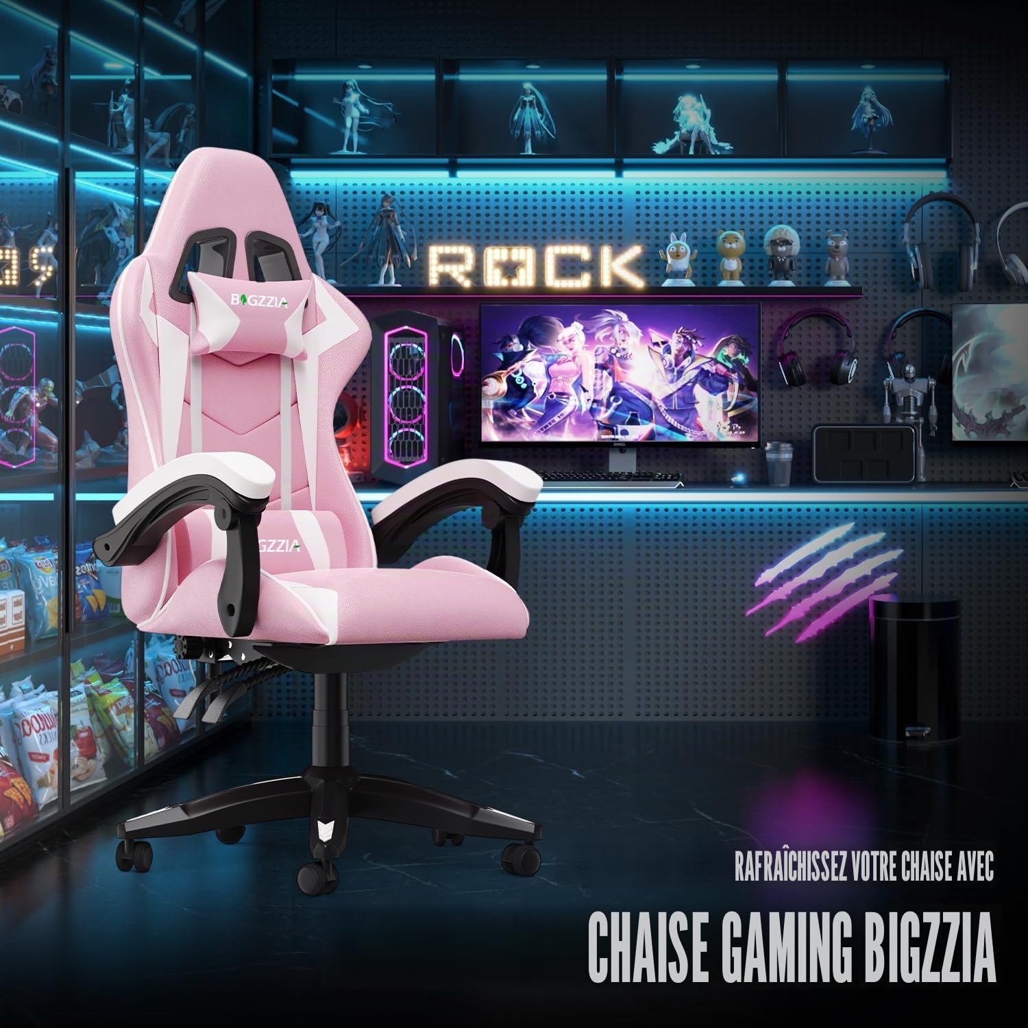 bigzzia Chaise Bureau Chaise Gaming Ergonomique en PU Cuir, Hauteur Réglable, avec Coussin Lombaire et Appui-Tête, Fauteuil Gamer Confortable pour Adultes, Filles et Garçons (Blanc et Rose)