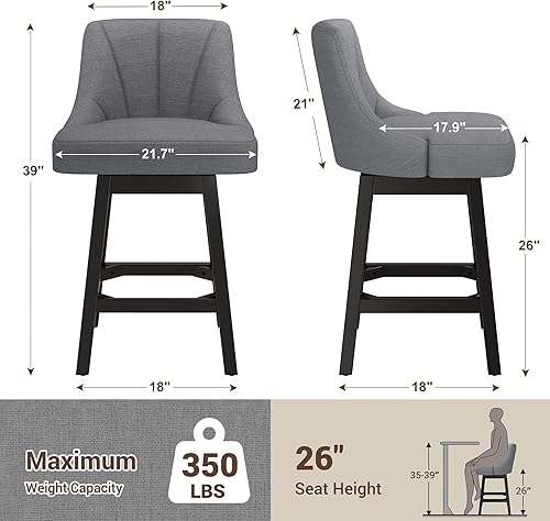 Miniatura 2 de Taburetes de bar giratorios con respaldos, 26 pulgadas de altura de mostrador, taburetes de bar tapizados de tela de lino extra con patas cuadradas