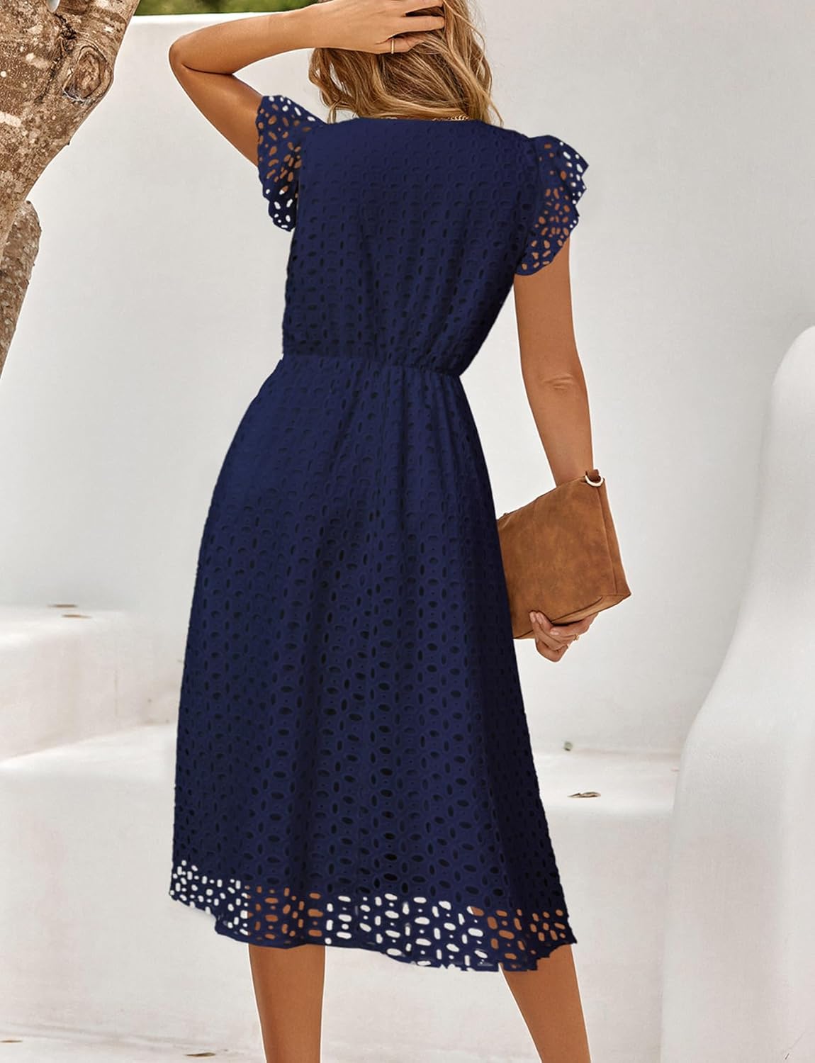 Women's 2025 Ruffle Sleeve Eyelet V Neck Mini A Line Casual Elegant Holiday Wedding Guest Party Dresses with Pockets