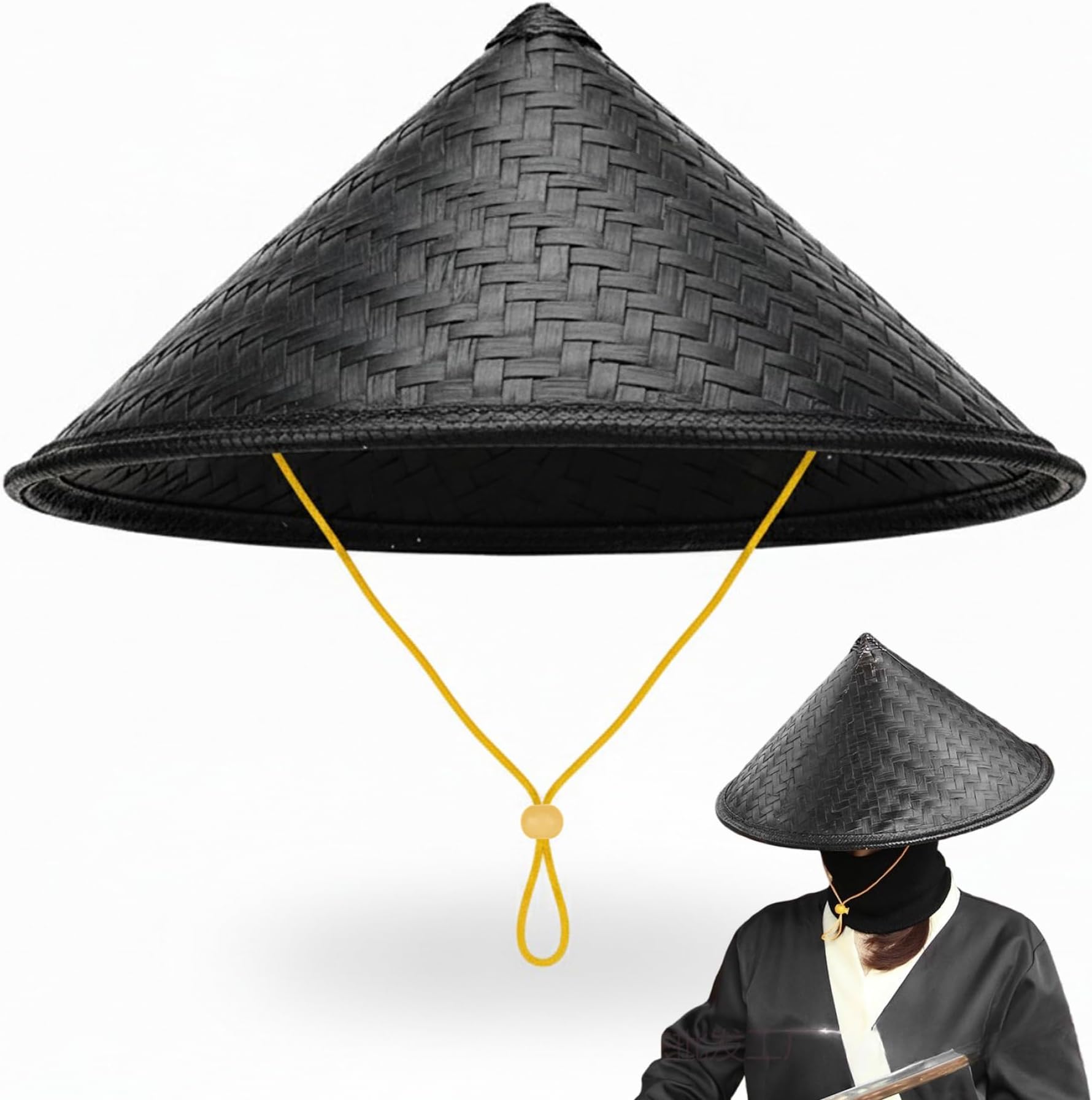 Rice Hat 14in Conical Cool Black Drawstring Bamboo Hat Asian Traditional Style Comfort Wear for Women Men