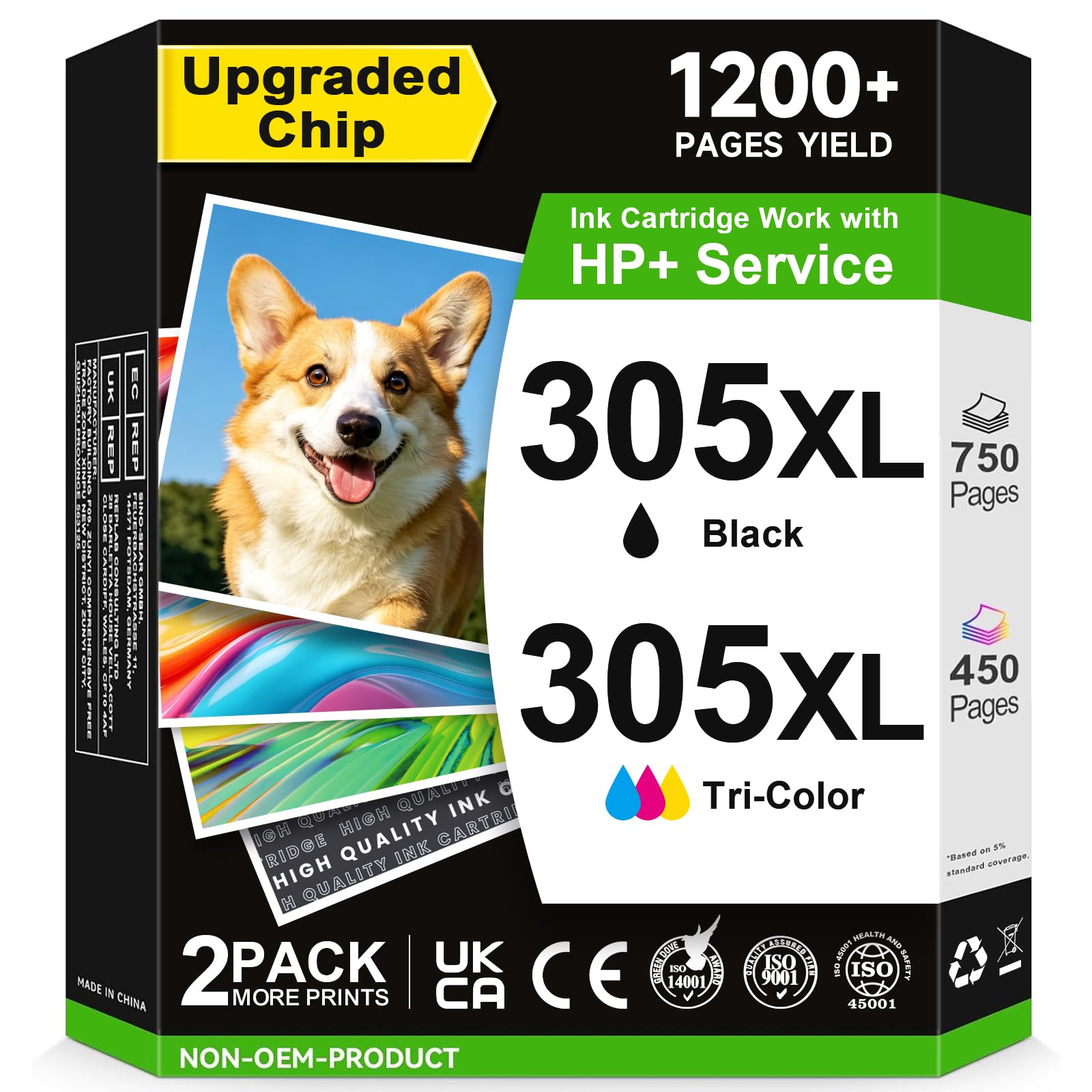 ECOINKO Cartuccia 305XL BK/CMY - 750/450+ Pagine, Sostituzione di Originali Cartucce HP 305 Nero e Colore, Inchiostro Stampante 305 XL per HP Deskjet 2700 2800e 2810e 2820e 2710e 2720e 2700e 4220e