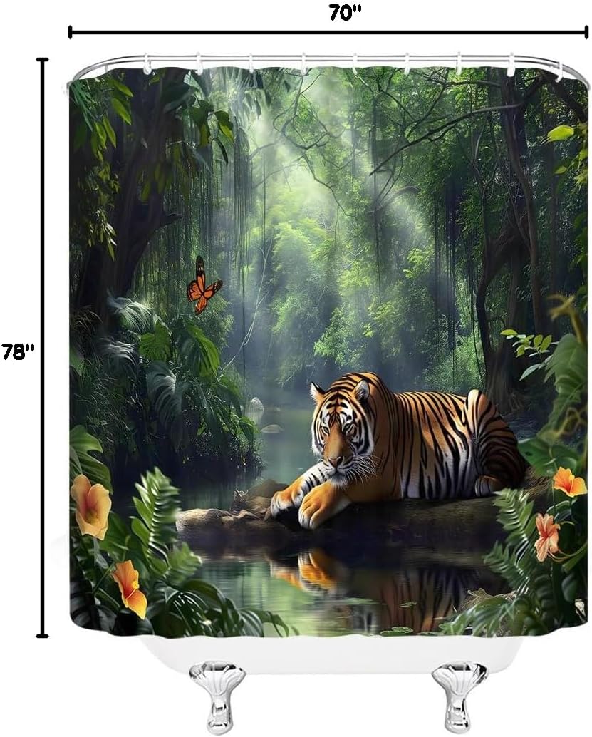Rainforest Shower Curtain Green Forest Jungle Tiger Lake Floral Tree Tropical Plant Nature Scenery Landscape Summer Extra Long Bathroom Decor Curtain with Hooks,70W x78 H