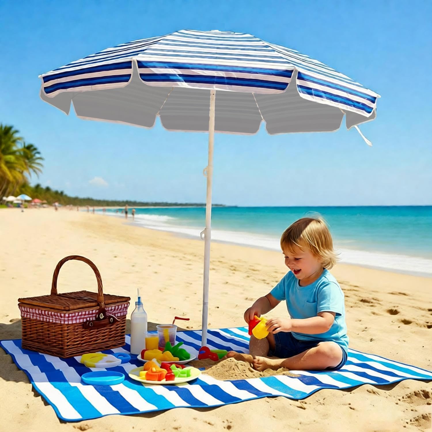 6.5ft Beach Umbrella - Heavy Duty Wind Resistant UV 50+ Portable Sun Shade with Sand Anchor & Carry Bag, Outdoor Folding Umbrella for Beach, Pool, Patio, Garden (Blue diagonal strip)