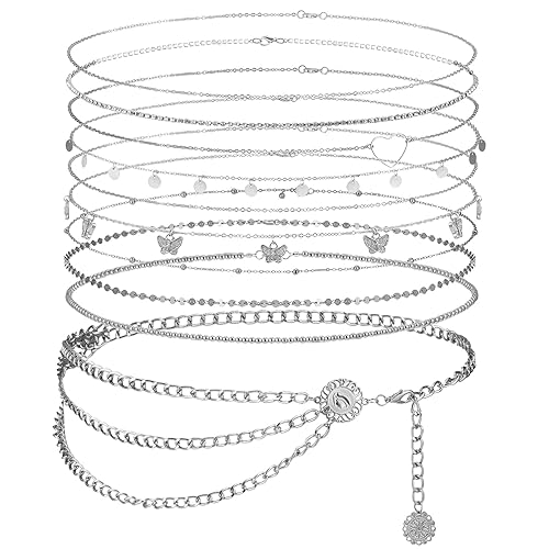 Lenwen 10 Pcs Belly Chain Adjustable Waist Chain Summer Beach Waist Jewelry for Women Multilayer Body Decorations for Body Girls - Stylish Style - Silver
